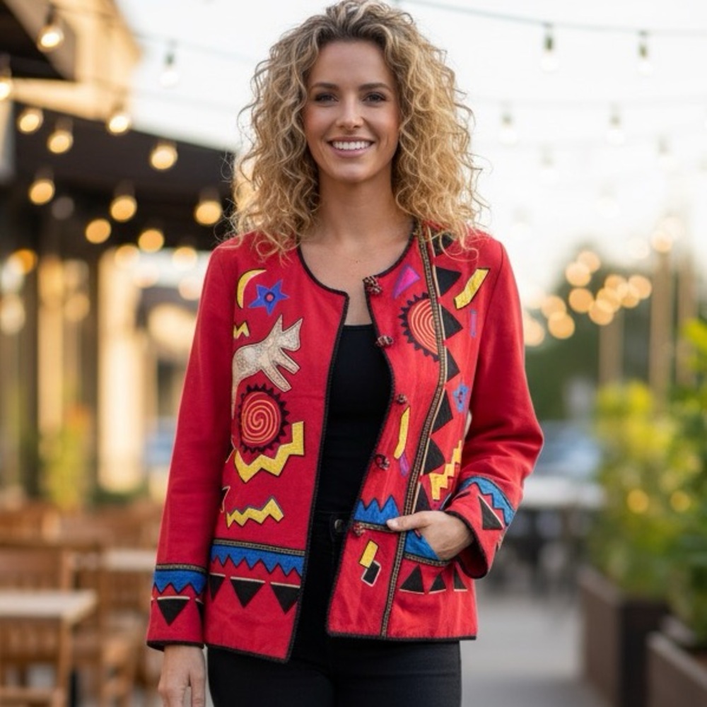 INDIGO MOON RED BEAUTIFUL EMBROIDERED PATCHES JACKET- LARGE